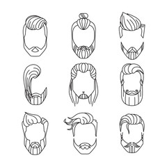 Set of trendy men hairstyles, beards and mustache. Vector illustration isolated on white.