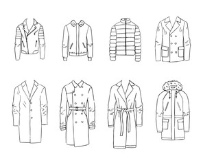 Hand drawn vector clothing set. 8 models of trendy men’s coats and jackets isolated on white. © Ekaterina