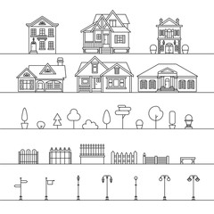 Fototapeta premium Vector outdoor elements: houses, fences, trees, street signs and lamps. Street elements isolated on white.