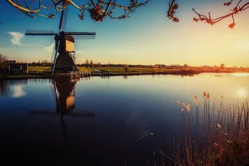 Papier Peint photo Rotterdam Traditional Dutch windmills from the channel Rotterdam. Holland