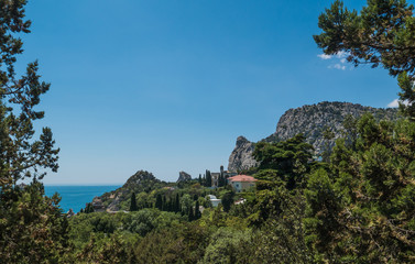 View of the Koshka mountain and Simeiz settlement on the coast of Black Sea, Crimea