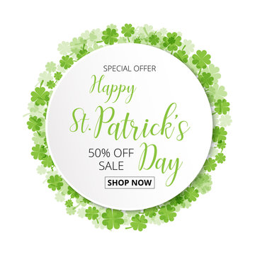 special offer sale text  badge with green  clover leaves  background, St. Patrick's Day concept