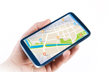 Mobilna nawigacja GPS na tablecie w ręce - obrazy, fototapety, plakaty