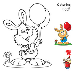 Fototapeta premium Cute little rabbit with carrot and red balloons. Coloring book. Cartoon vector illustration