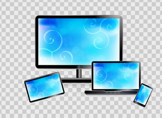 Smartphone, laptop, monitor, tablet set isolated on a transparent background. Vector illustration