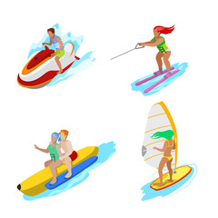 Isometric People on Water Activity. Woman Surfer, Water Skiing, Man Hydrocycle. Vector 3d flat illustration