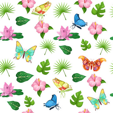 Tropical Flowers and Butterflies Seamless Pattern. Vector background