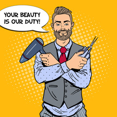 Pop Art Bearded Barber with Scissors and Hairdryer. Vector illustration