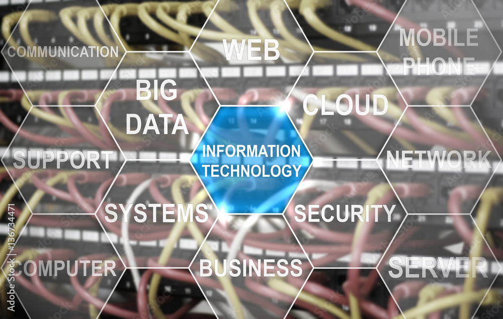 Aufkleber icon information technology in the stroke of a hexagon on a virtual screen in the form of a honeycom