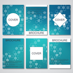 Fototapeta na wymiar Set of business templates for brochure, flyer, cover magazine in A4 size. Structure molecule DNA and neurons. Geometric abstract background. Medicine, science, technology. Scalable vector graphics.