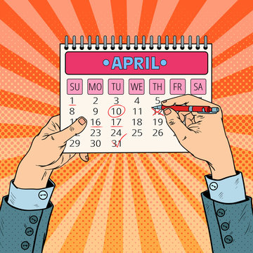 Pop Art Businessman Hand Planning Calendar Date. Vector illustration
