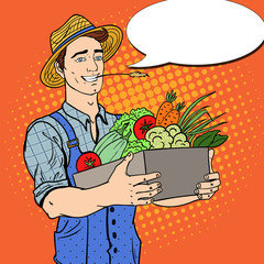 Pop Art Happy Farmer Holding Basket with Fresh Vegetables. Vector illustration