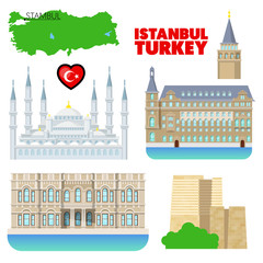 Turkey Istanbul Travel Set with Architecture and Flag. Vector doodle