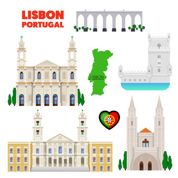 Portugal Lisbon Travel Set with Architecture and Flag. Vector doodle
