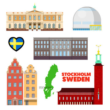 Sweden Stockholm Travel Set with Architecture and Flag. Vector Doodle