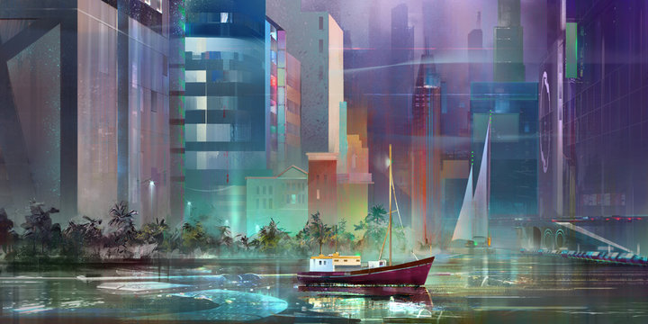 drawn fantasy landscape of the future city