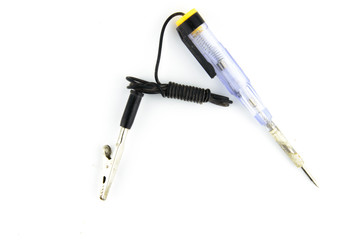 Screwdriver with tester isolated on a white background. Tool to check electric voltage.