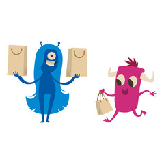 Cartoon cute monster shopping vector character illustration.