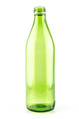 Glass green bottle of mineral water without a lid isolated on a white background