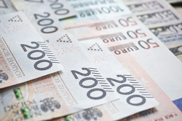 Polish zloty, euro and dollar background