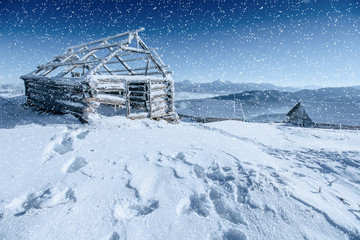 chalet in the mountains. Carpathian, Ukraine, Europe. Bokeh ligh