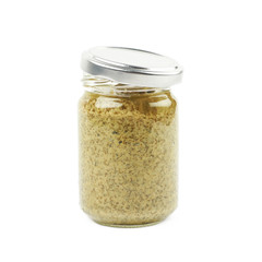 Glass jar of italian pesto isolated