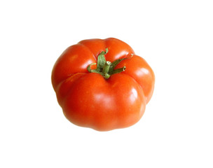 Close-up of One Ripe Fresh Red Tomato with green stem Isolated On White Background 