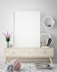 mock up poster frame in hipster interior background, scandinavian style, 3D render, 3D illustration