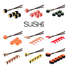 Sushi Set. Set of rolls and sushi with chopsticks.