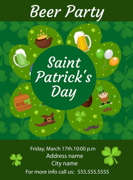 Happy St. Patrick's Day invitation, poster, flyer. Beer Party template for your design. Vector illustration