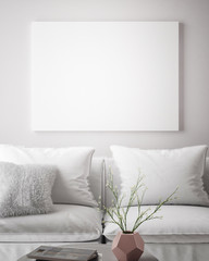 mock up poster frame in hipster interior background, scandinavian style, 3D render, 3D illustration
