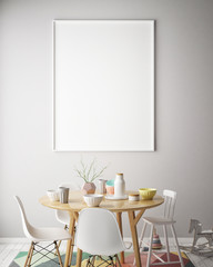 mock up poster frame in interior background with kids chair, scandinavian style, 3D render, 3D illustration