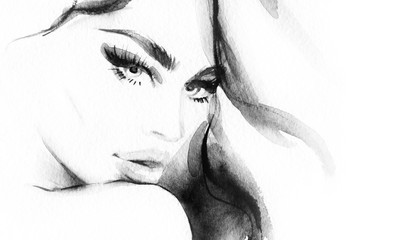 Fototapeta premium Woman face. Fashion illustration. Watercolor painting