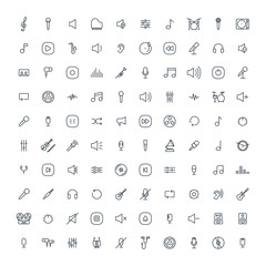 music, audio universal thin line 100 icons set on white background, sound, minimalistic, flat