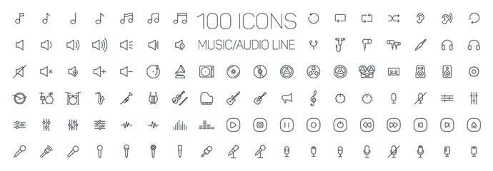 Poster music, audio universal thin line 100 icons set on white background, sound, minimalistic, flat © salim138