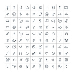 music, audio universal thin line 100 icons set on white background, sound, minimalistic, flat