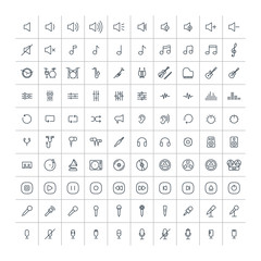 music, audio universal thin line 100 icons set on white background, sound, minimalistic, flat
