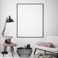 mock up poster frame in hipster interior background, scandinavian style, 3D render, 3D illustration