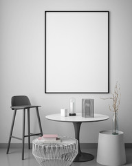 mock up poster frame in hipster interior background, scandinavian style, 3D render, 3D illustration