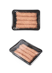 Boxed raw kebab meat isolated