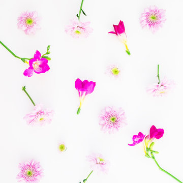 Pattern of pink flowers isolated on white background, Flat lay, Top view. Floral background.