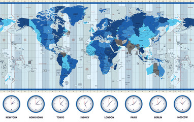 Obraz premium Map of the world standard time zones in blue colors
