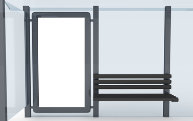 3D rendering of bus stop with blank vertical billboard (light box) isolated on white background