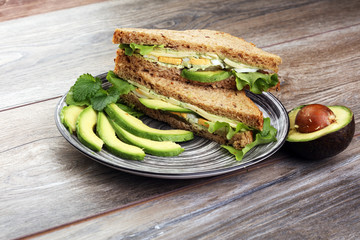 Sandwich with avocado and poached egg - healthy breakfast concep