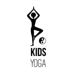 Sport club logo design template with kid silhouette in pose and om yoga sign, isolated element