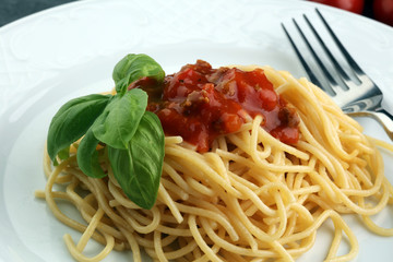 Plate of delicious spaghetti Bolognaise or Bolognese with savory