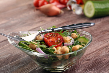 Healthy homemade chickpea and veggies salad, arugula, diet, vege