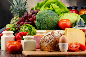 Organic food including vegetables fruit bread dairy and meat