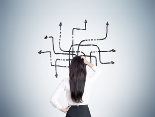 Woman looking at tangled arrows on gray wall