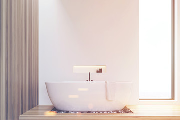 Front view of white, wooden walls bathroom, toned